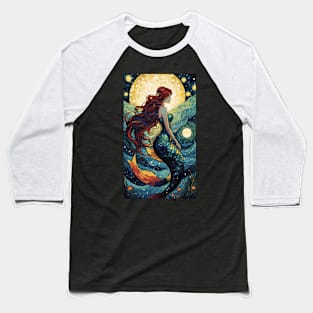 Starry Night Mermaid: Van Gogh-Inspired Underwater Symphony Baseball T-Shirt